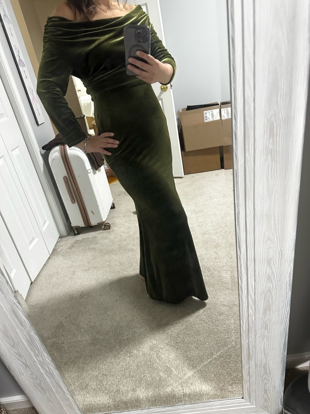 Olive Green Velvet Draped Women’s Dress